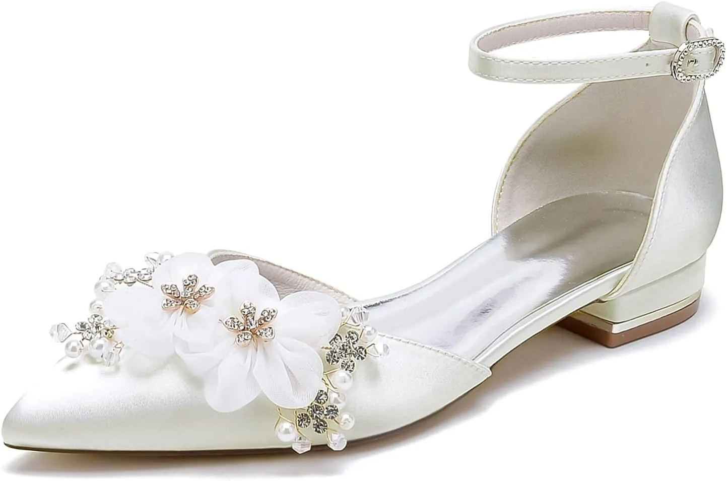 Ankle Strap Buckle Dress Lace Shoes for Bride Pearl Flower Pointed Toe Wedding Shoes Rhinestones Prom Shoes