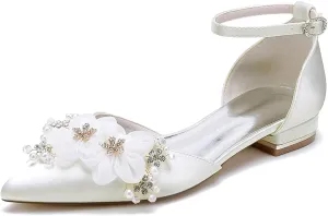 Ankle Strap Buckle Dress Lace Shoes for Bride Pearl Flower Pointed Toe Wedding Shoes Rhinestones Prom Shoes