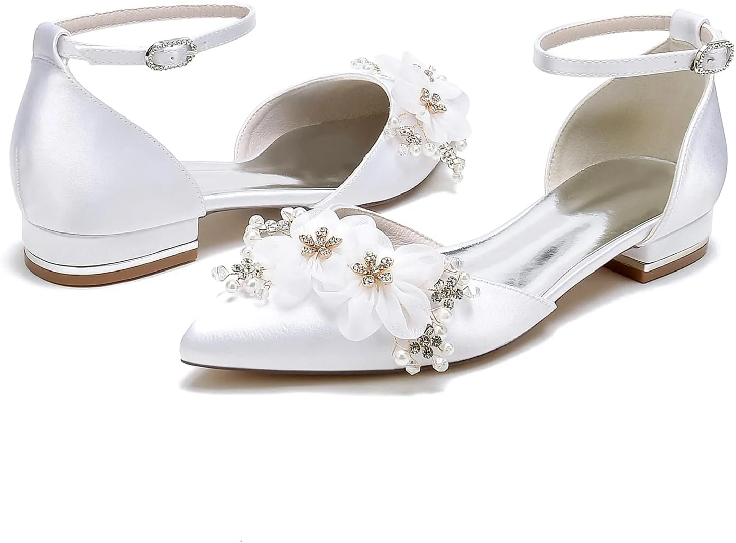 Ankle Strap Buckle Dress Lace Shoes for Bride Pearl Flower Pointed Toe Wedding Shoes Rhinestones Prom Shoes