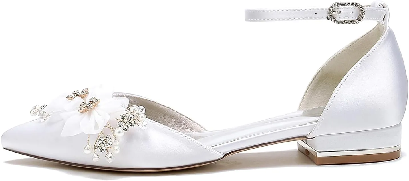 Ankle Strap Buckle Dress Lace Shoes for Bride Pearl Flower Pointed Toe Wedding Shoes Rhinestones Prom Shoes