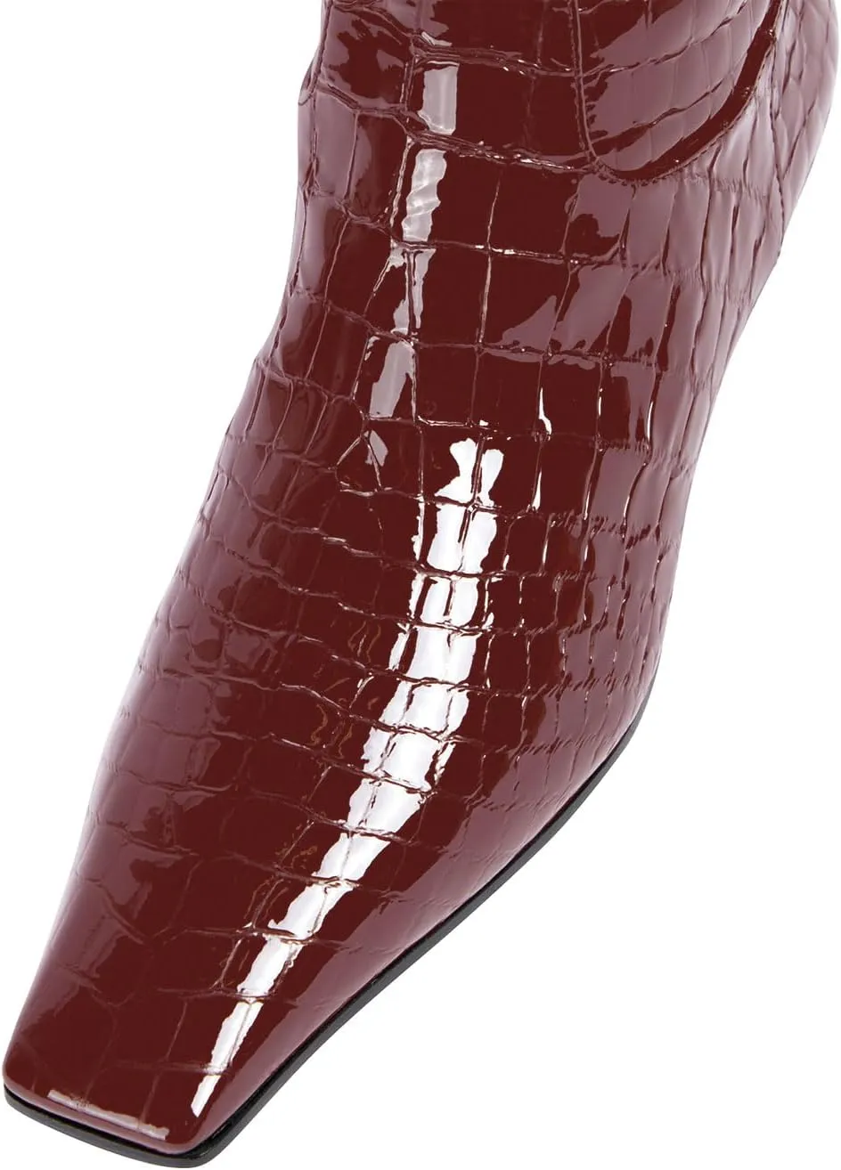 anteikira Women's Fashion Chunky Heel Square Toe Knee High Boots Crocodile Closed Toe Tall Boots Pull On Long Boot for Women Size 5.5-12US