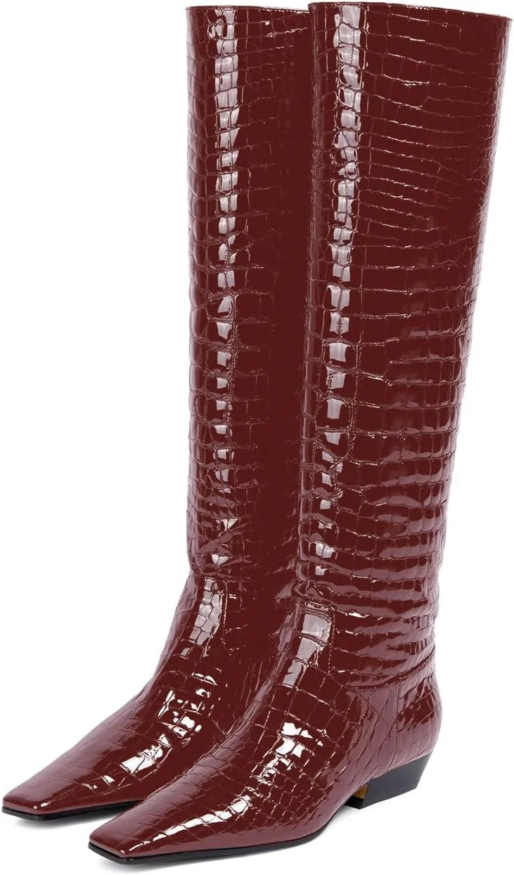 anteikira Women's Fashion Chunky Heel Square Toe Knee High Boots Crocodile Closed Toe Tall Boots Pull On Long Boot for Women Size 5.5-12US