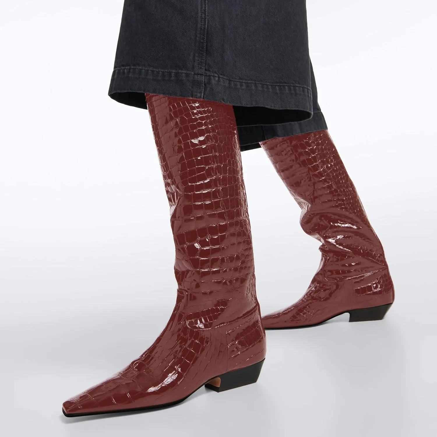 anteikira Women's Fashion Chunky Heel Square Toe Knee High Boots Crocodile Closed Toe Tall Boots Pull On Long Boot for Women Size 5.5-12US