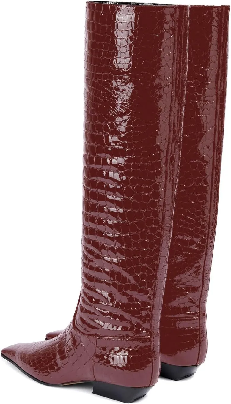 anteikira Women's Fashion Chunky Heel Square Toe Knee High Boots Crocodile Closed Toe Tall Boots Pull On Long Boot for Women Size 5.5-12US