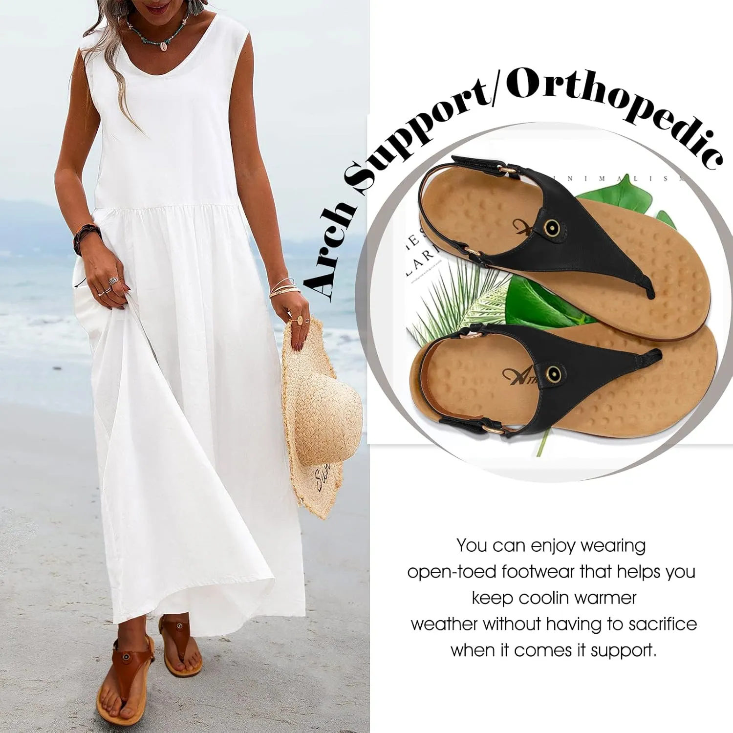 Athlefit Women's Comfortable Orthopedic Sandals Thong Dressy T-Strap Orthotic Casual Summer Arch Support Sandals