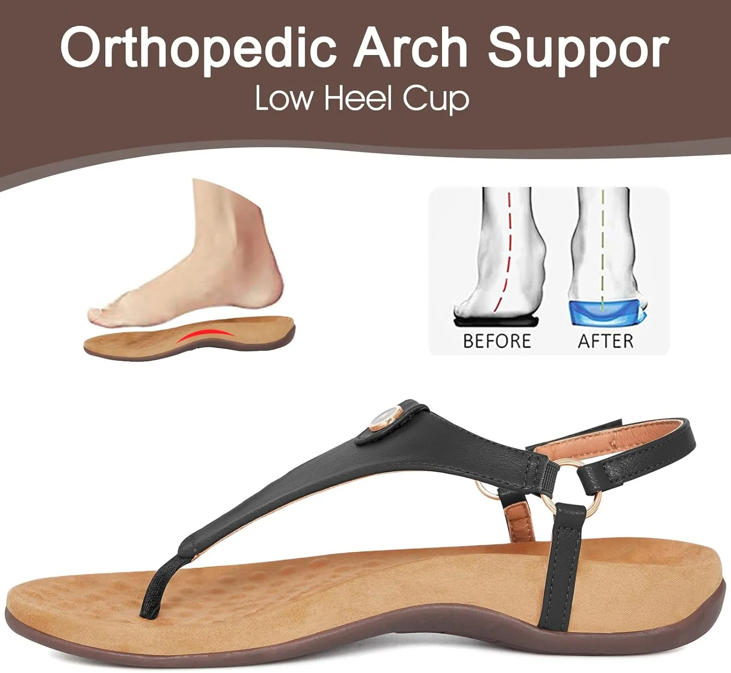 Athlefit Women's Comfortable Orthopedic Sandals Thong Dressy T-Strap Orthotic Casual Summer Arch Support Sandals