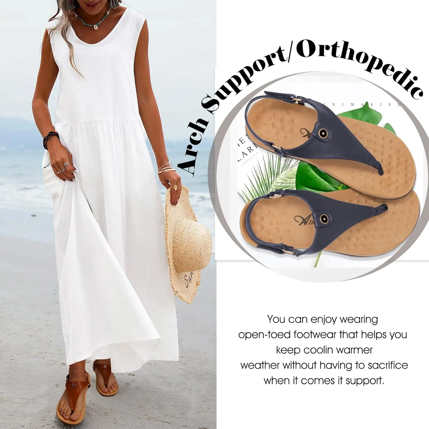 Athlefit Women's Comfortable Orthopedic Sandals Thong Dressy T-Strap Orthotic Casual Summer Arch Support Sandals