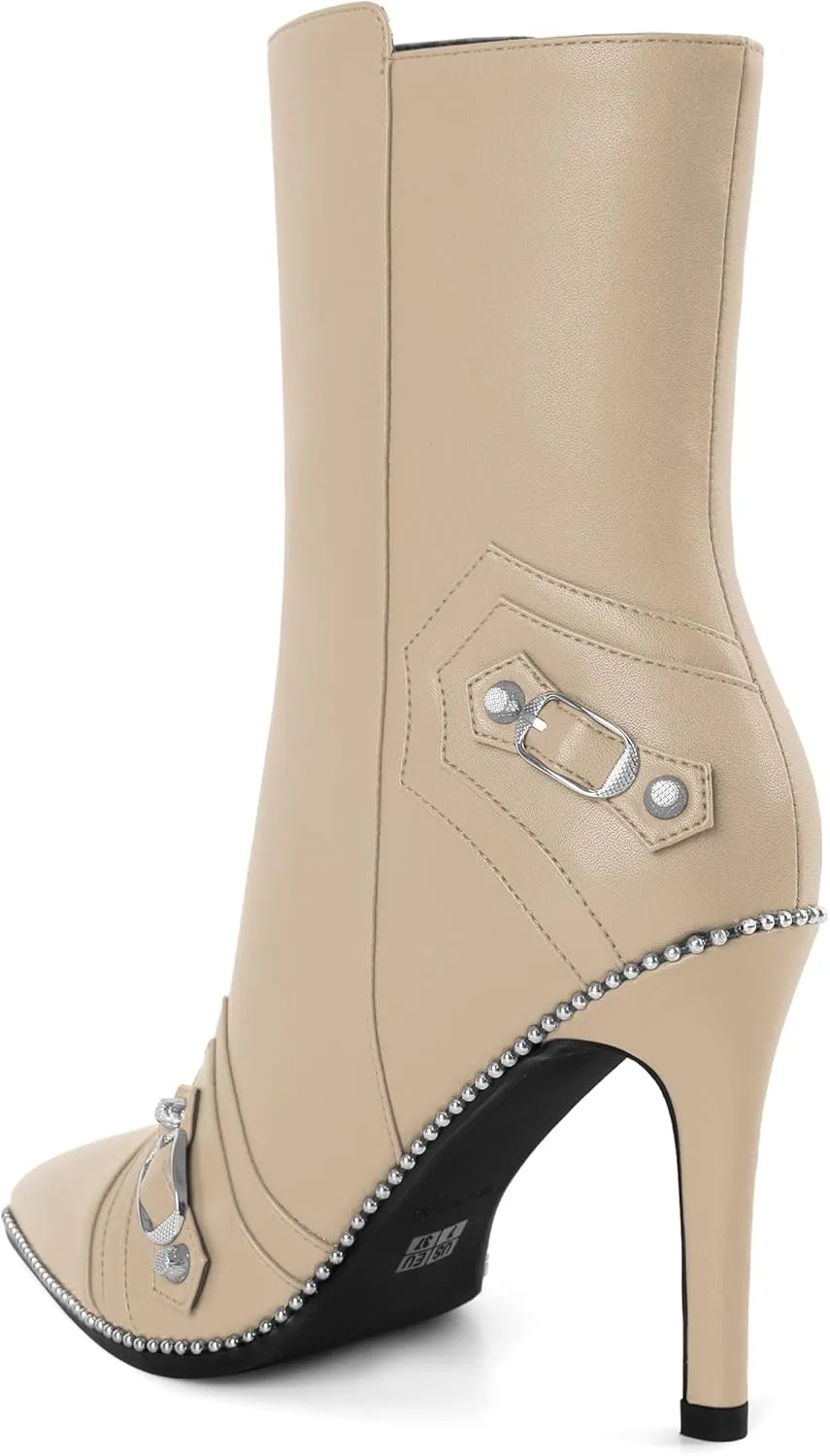 AUMOTED Pointed Toe Side Zipper Stiletto High Heel Buckle Ankle Boots for Women Sexy Mid Calf Booties 3.7 Inches Beaded Boots