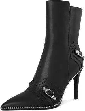 AUMOTED Pointed Toe Side Zipper Stiletto High Heel Buckle Ankle Boots for Women Sexy Mid Calf Booties 3.7 Inches Beaded Boots
