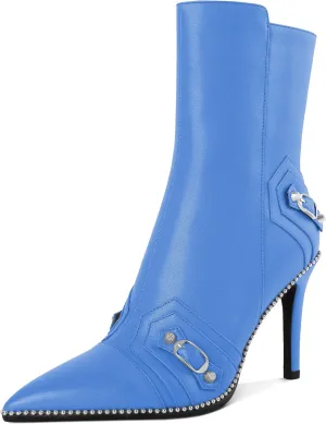 AUMOTED Pointed Toe Side Zipper Stiletto High Heel Buckle Ankle Boots for Women Sexy Mid Calf Booties 3.7 Inches Beaded Boots