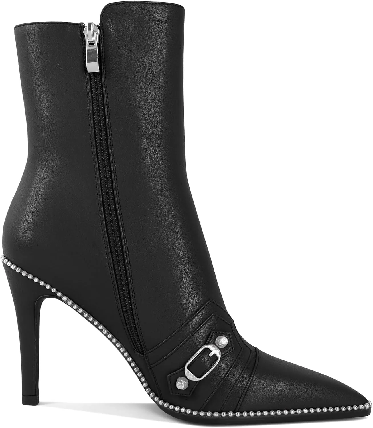 AUMOTED Pointed Toe Side Zipper Stiletto High Heel Buckle Ankle Boots for Women Sexy Mid Calf Booties 3.7 Inches Beaded Boots