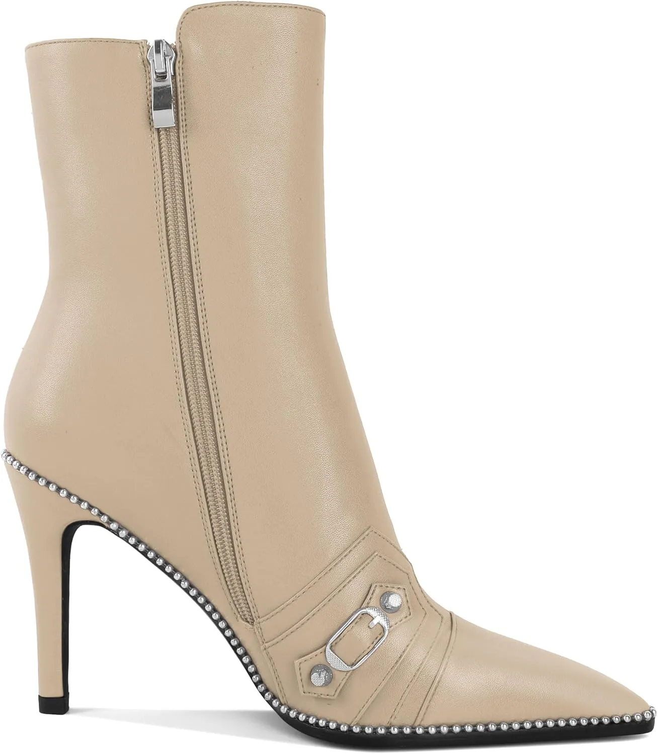 AUMOTED Pointed Toe Side Zipper Stiletto High Heel Buckle Ankle Boots for Women Sexy Mid Calf Booties 3.7 Inches Beaded Boots