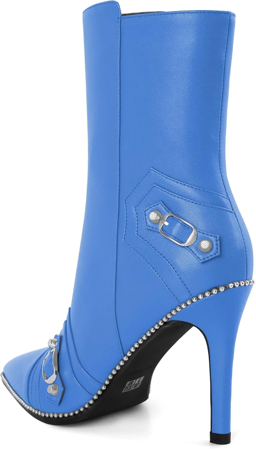 AUMOTED Pointed Toe Side Zipper Stiletto High Heel Buckle Ankle Boots for Women Sexy Mid Calf Booties 3.7 Inches Beaded Boots