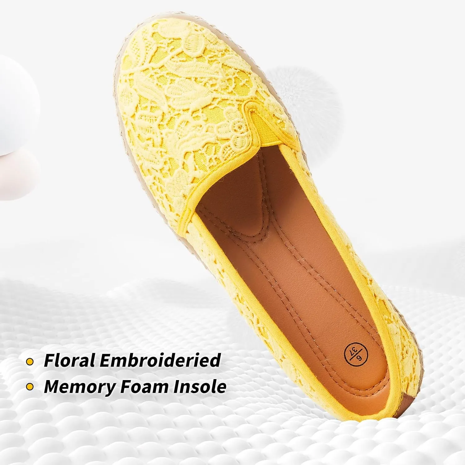 BABUDOG Women's Black Flats with Flower Embroideried,White Lace Ballet Flats,Comfortable Dress Flats
