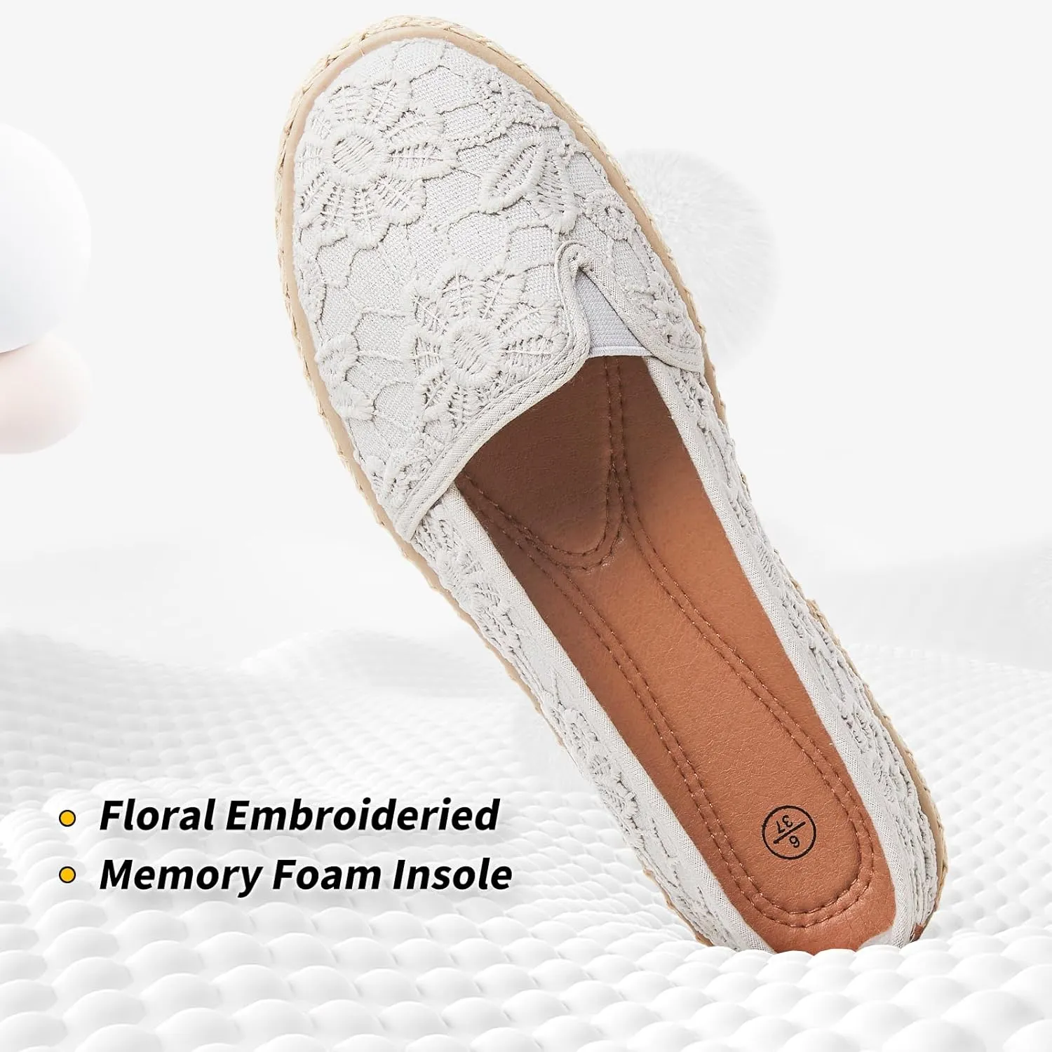 BABUDOG Women's Black Flats with Flower Embroideried,White Lace Ballet Flats,Comfortable Dress Flats