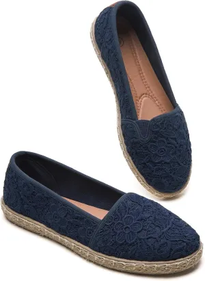 BABUDOG Women's Black Flats with Flower Embroideried,White Lace Ballet Flats,Comfortable Dress Flats