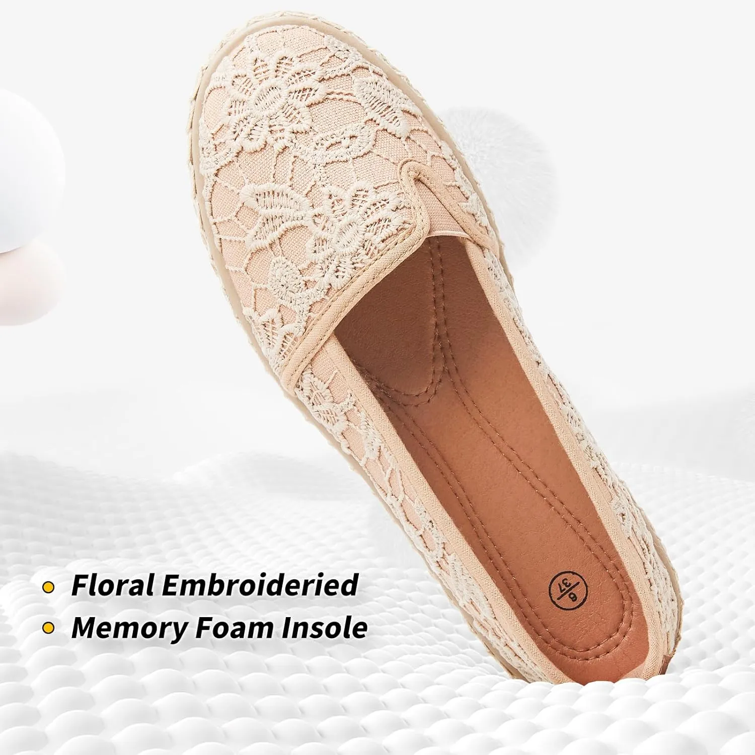 BABUDOG Women's Black Flats with Flower Embroideried,White Lace Ballet Flats,Comfortable Dress Flats