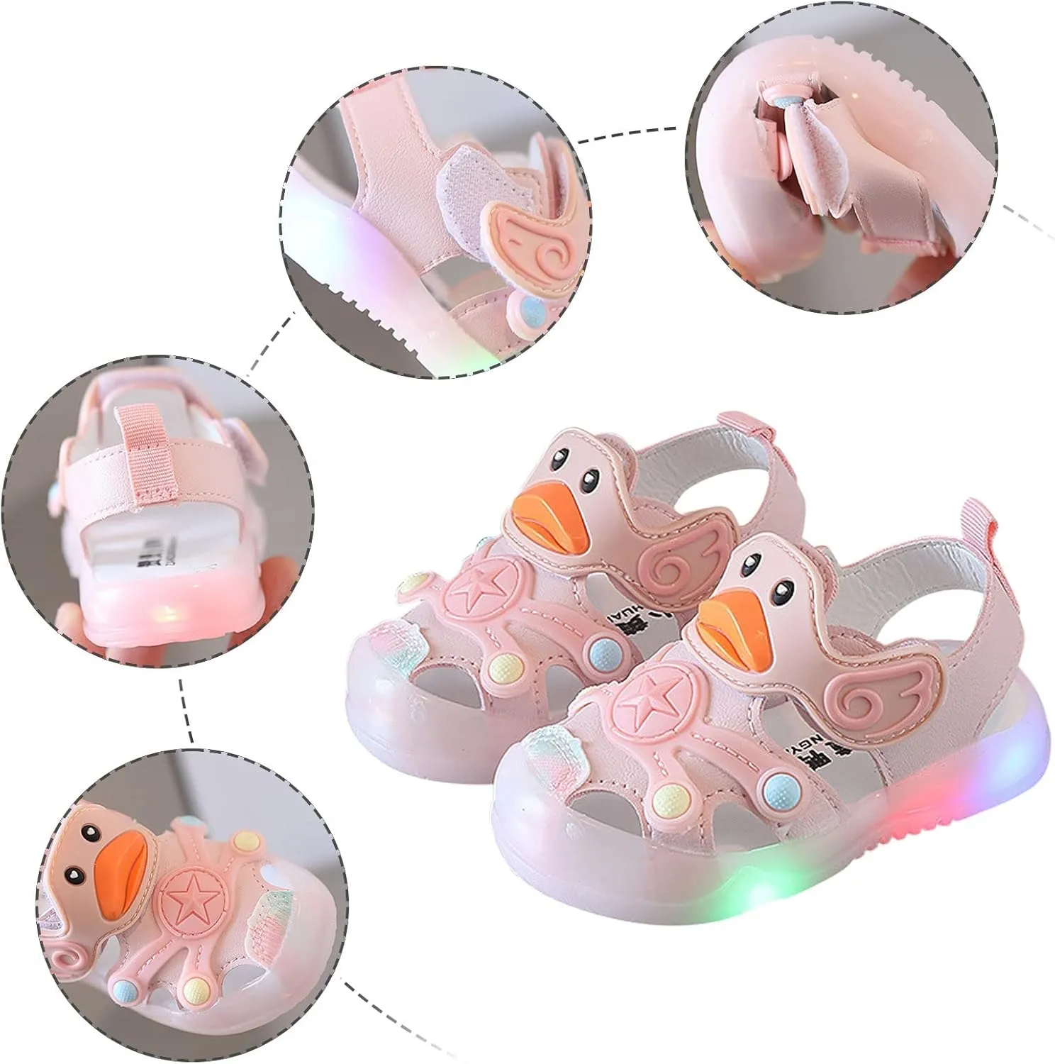 Baby Girls Boys Light Up Sandals Closed Toe Toddler Cute Walking Shoes Flat Rubber Infant Strap Shoe Soft Soles