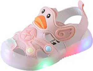 Baby Girls Boys Light Up Sandals Closed Toe Toddler Cute Walking Shoes Flat Rubber Infant Strap Shoe Soft Soles