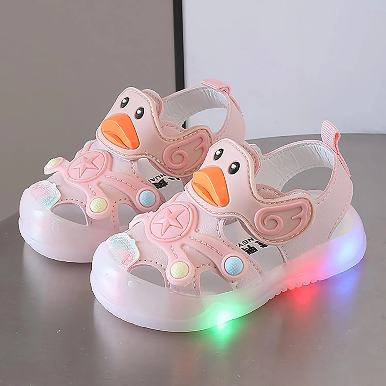 Baby Girls Boys Light Up Sandals Closed Toe Toddler Cute Walking Shoes Flat Rubber Infant Strap Shoe Soft Soles