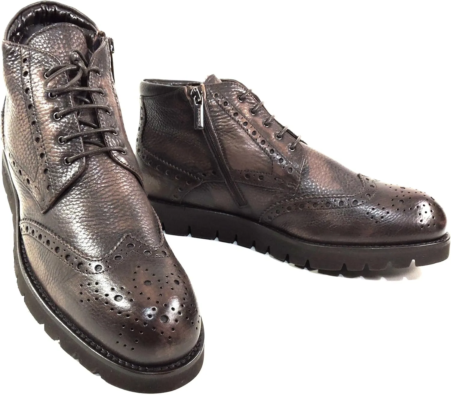 Baldinini Men's Wingtip Ankle Boots, Brown Pebbled Leather, Fur Lined, Lug Sole