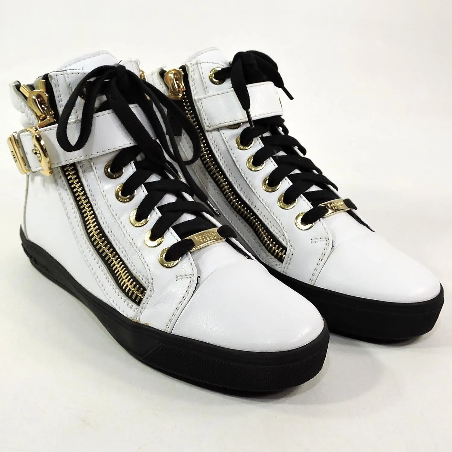 Baldinini Women's High-Top Sneakers, White Leather, Gold Hardware, Double Zip Design, Black Sole