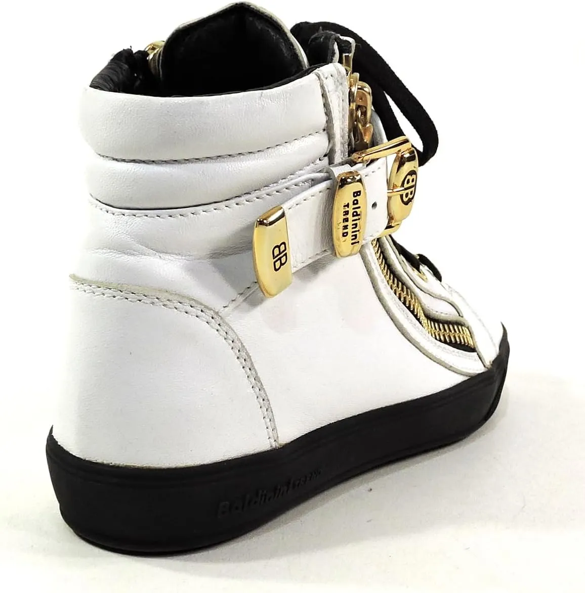 Baldinini Women's High-Top Sneakers, White Leather, Gold Hardware, Double Zip Design, Black Sole