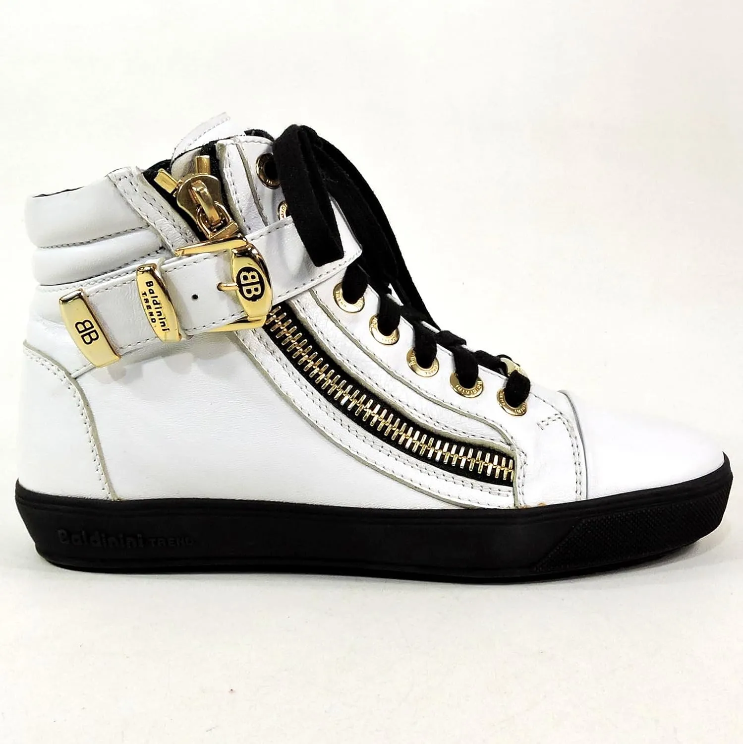 Baldinini Women's High-Top Sneakers, White Leather, Gold Hardware, Double Zip Design, Black Sole