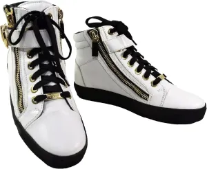 Baldinini Women's High-Top Sneakers, White Leather, Gold Hardware, Double Zip Design, Black Sole