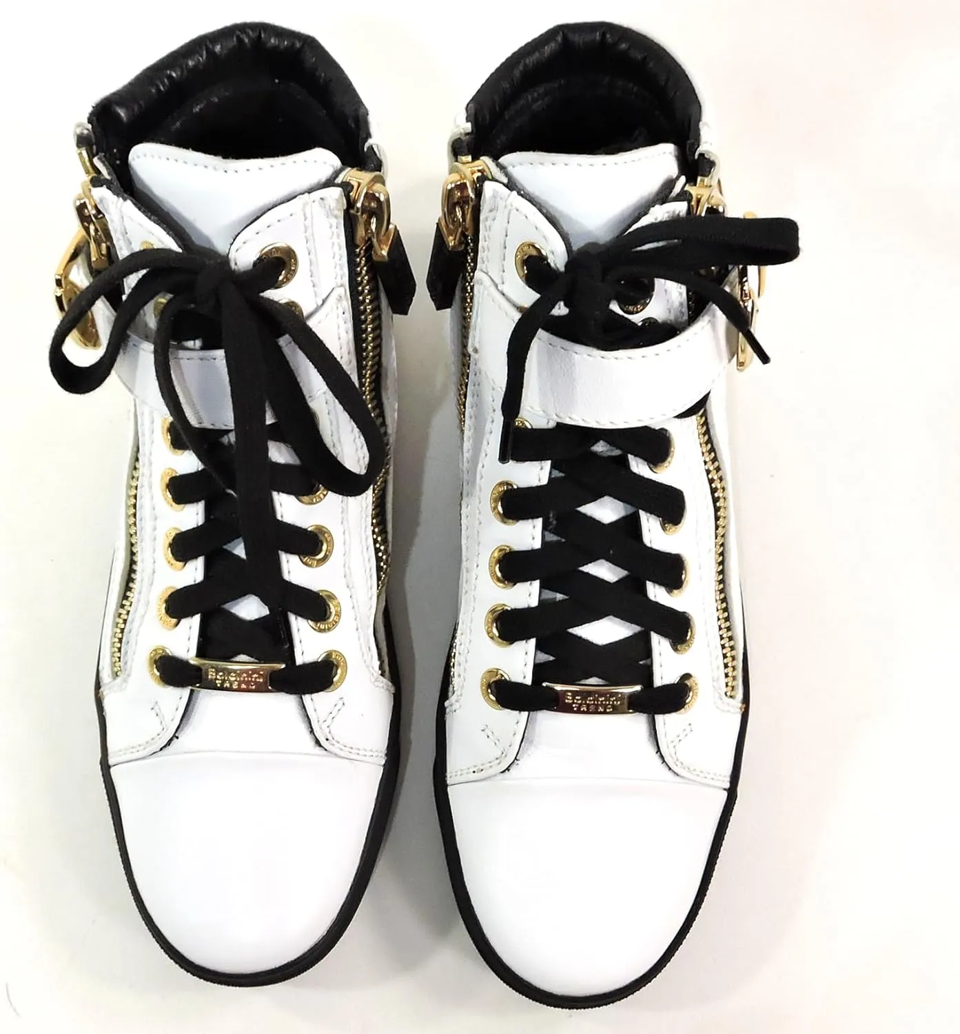 Baldinini Women's High-Top Sneakers, White Leather, Gold Hardware, Double Zip Design, Black Sole