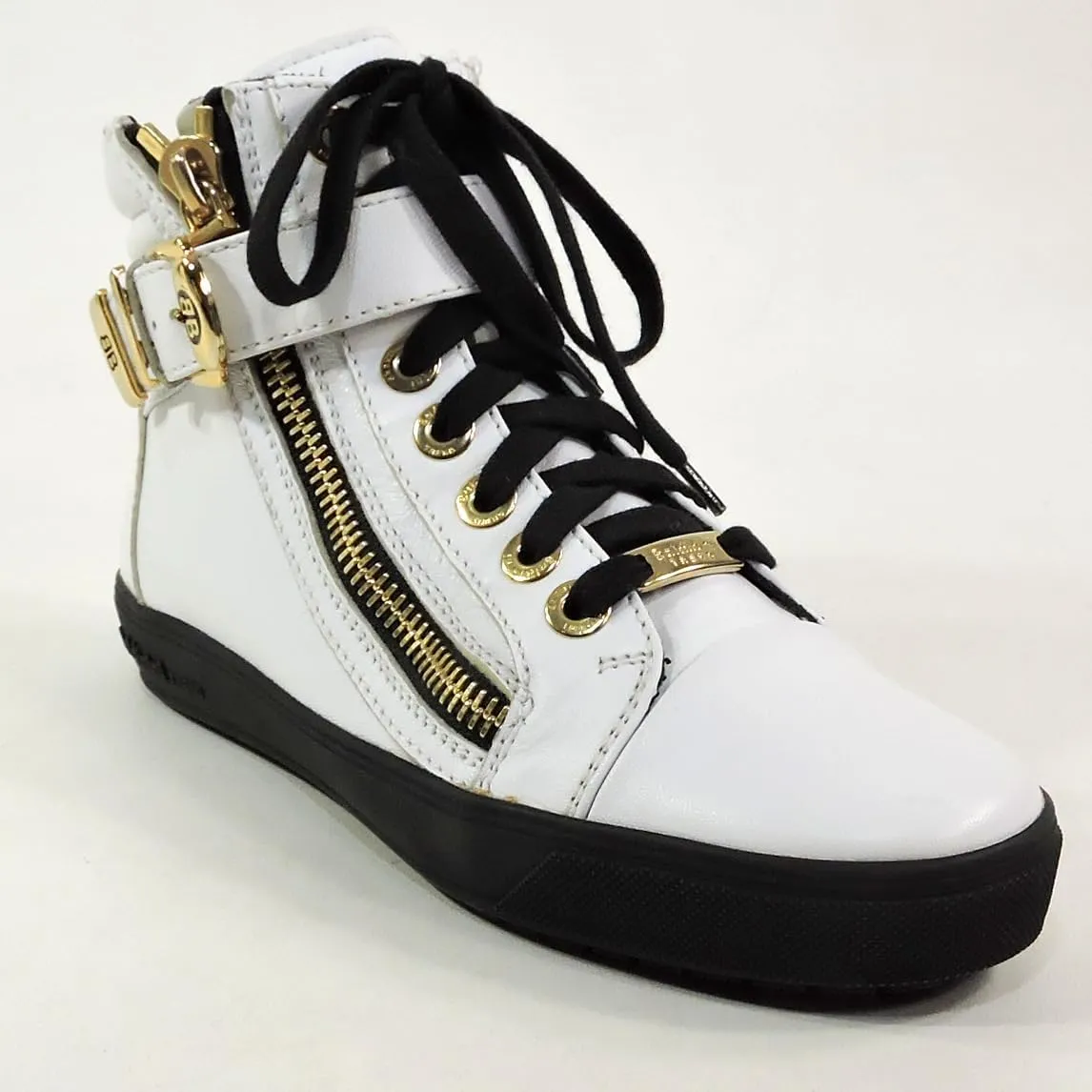 Baldinini Women's High-Top Sneakers, White Leather, Gold Hardware, Double Zip Design, Black Sole