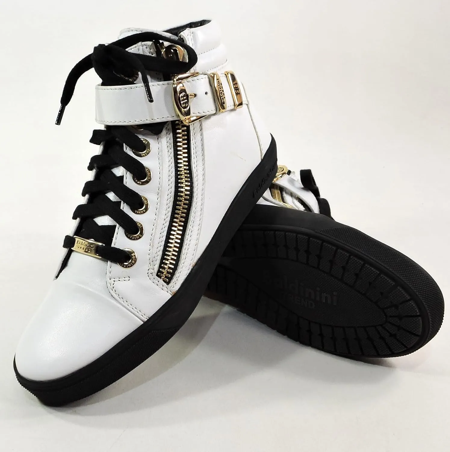 Baldinini Women's High-Top Sneakers, White Leather, Gold Hardware, Double Zip Design, Black Sole