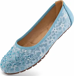 Ballet Flats for Women Dressy : Comfortable Dress Rhinestone Lace Wedding Flat - Ladies Slip On Walking Office Shoes