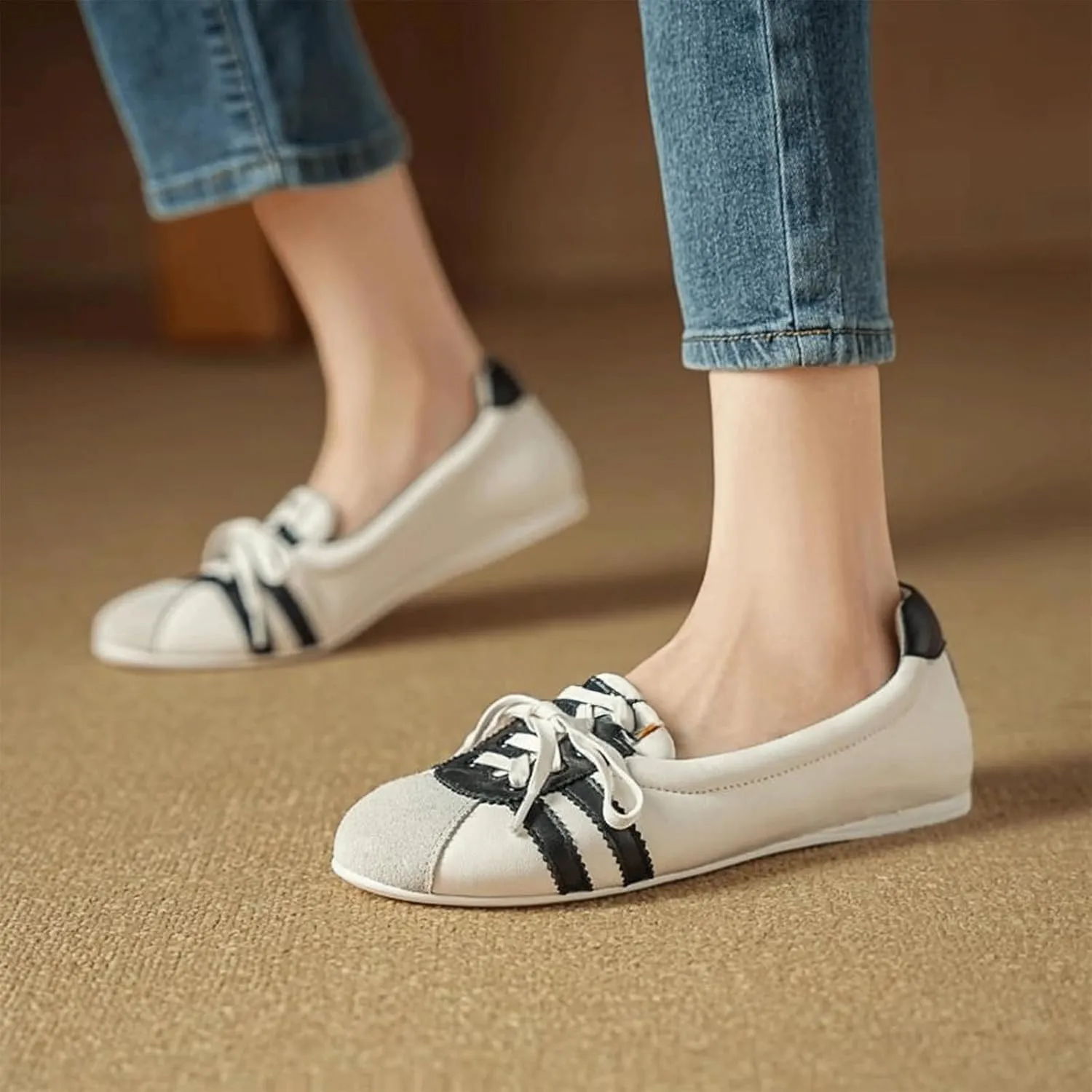 Ballet Sneakers for Woman Leather Trendy Lace Up Ballerina Flats Round Toe Fancy Walking Office Ballet Shoes 2025 Spring Summer Casual Daily Comfortable Footwear