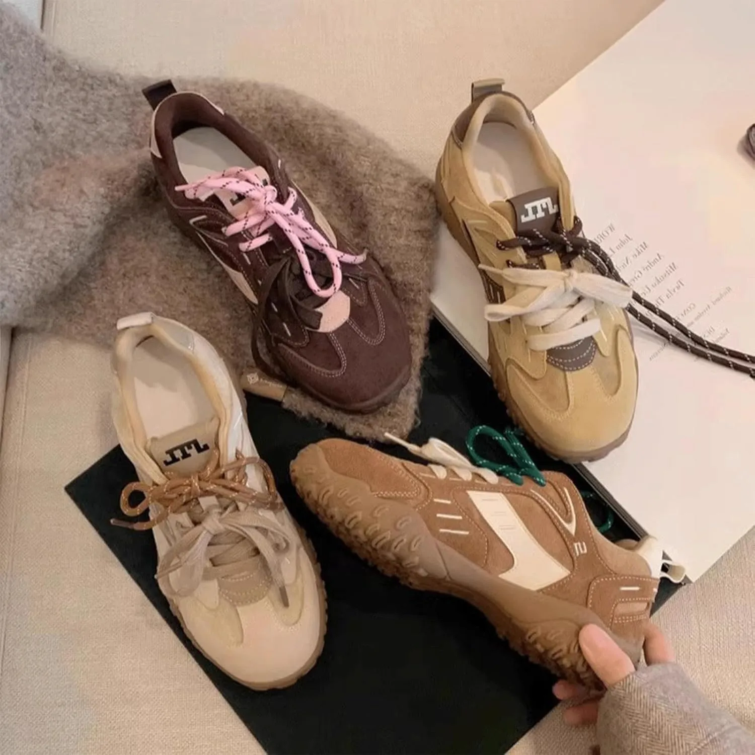 Ballet Sneakers for Woman Leather Trendy Lace Up Chunky Ballerina Flats Retro Sporty Running Walking Wide Box Fancy Ballet Shoes 2025 Spring Summer Casual Outdoor Footwear
