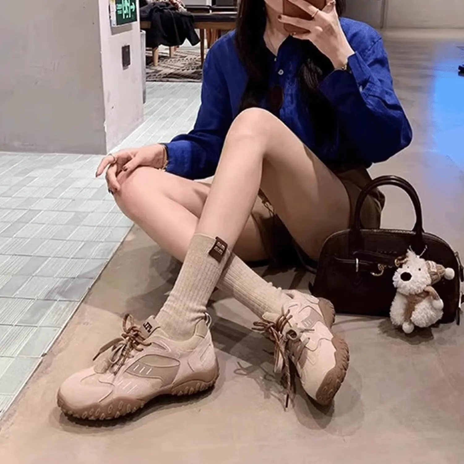 Ballet Sneakers for Woman Leather Trendy Lace Up Chunky Ballerina Flats Retro Sporty Running Walking Wide Box Fancy Ballet Shoes 2025 Spring Summer Casual Outdoor Footwear