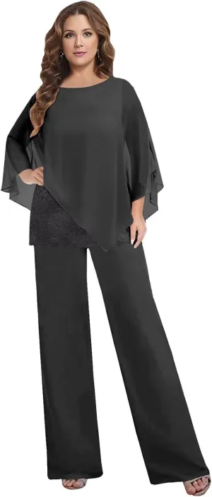 BANTRATIC Dressy 2 Pieces Mother of The Bride Pantsuits for Women Chiffon Cape Formal Guest Evening Prom Cocktail Pant Outfit