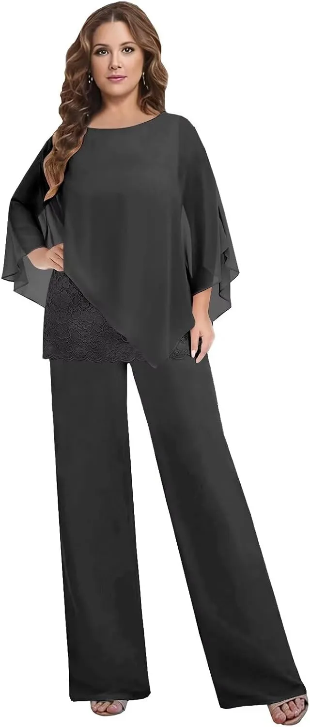 BANTRATIC Dressy 2 Pieces Mother of The Bride Pantsuits for Women Chiffon Cape Formal Guest Evening Prom Cocktail Pant Outfit