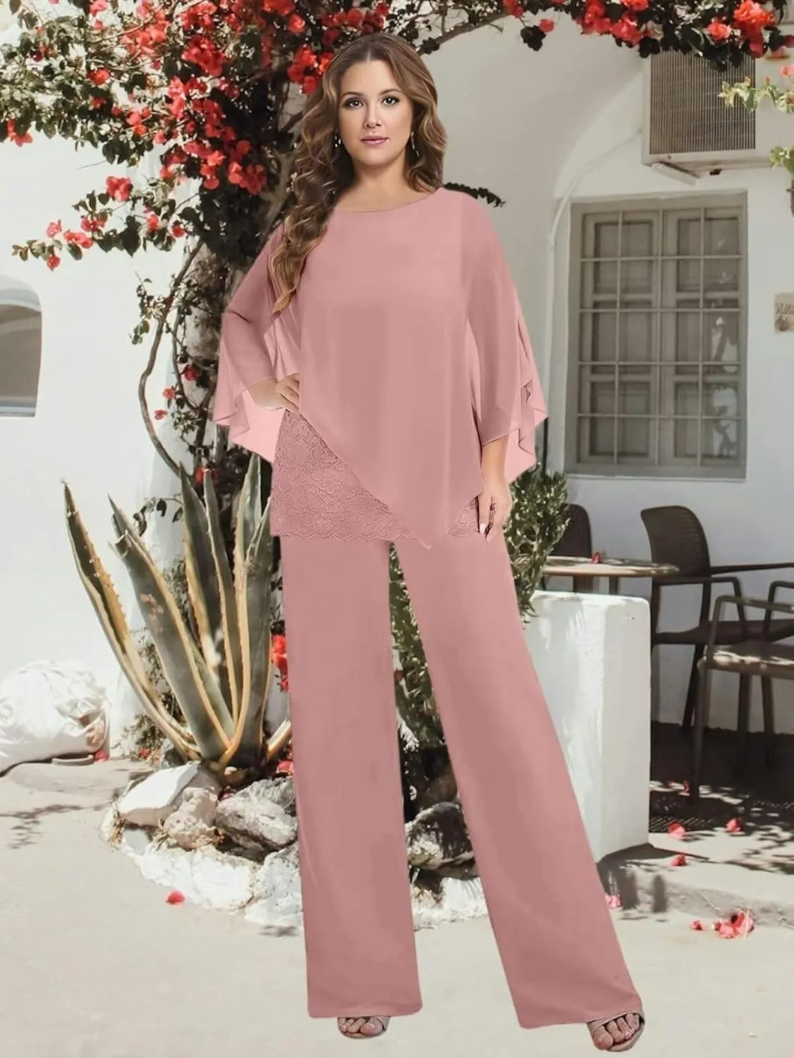 BANTRATIC Dressy 2 Pieces Mother of The Bride Pantsuits for Women Chiffon Cape Formal Guest Evening Prom Cocktail Pant Outfit