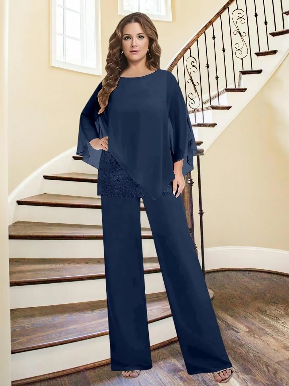 BANTRATIC Dressy 2 Pieces Mother of The Bride Pantsuits for Women Chiffon Cape Formal Guest Evening Prom Cocktail Pant Outfit