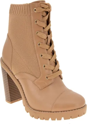 BCBGeneration Womens Beige 1-1/2" Platform Padded Stretch Pilas Round Toe Stacked Heel Zip-Up Heeled Boots 6.5 M