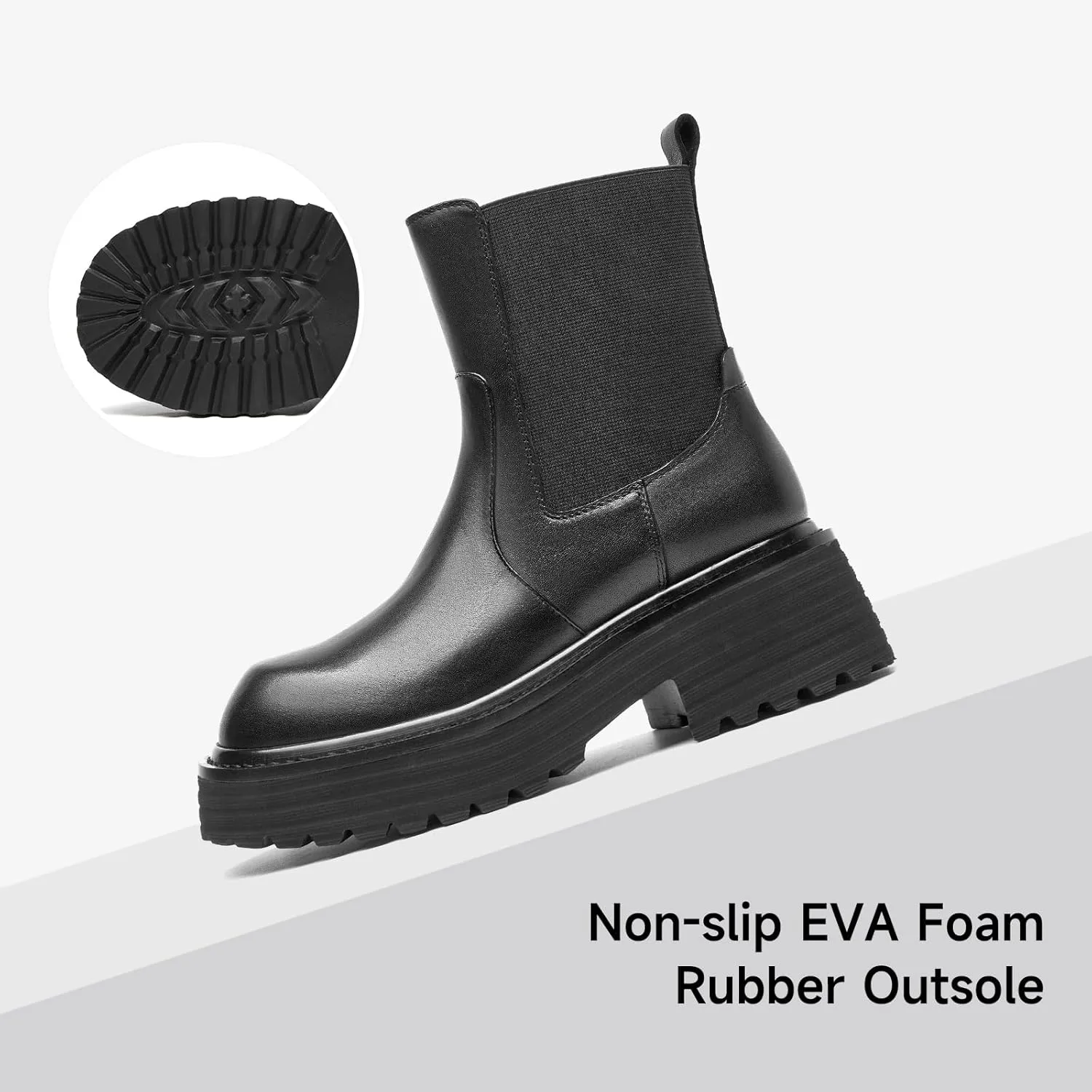 BEAU TODAY Platform Chelsea Boots for Women, Chunky Genuine Leather Elastic Ankle Boots for Women, Fashion Fall boots with Round Toe, Comfortable Slip-on Winter Combat Boots
