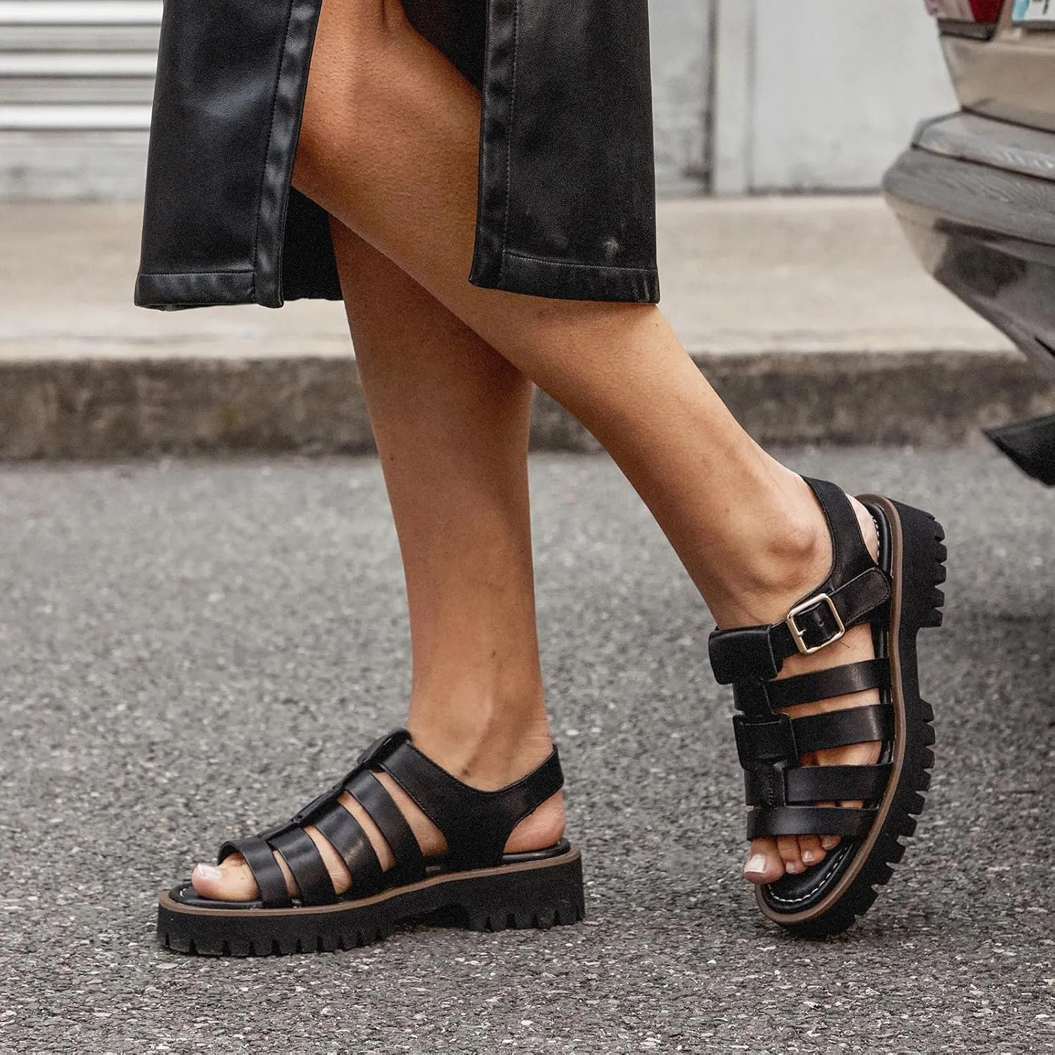 BEAU TODAY Women's Platform Fisherman Sandals, Chunky Gladiator Sandals for Women, Casual Open Toe Leather Sandals, Comfortable Lightweight Dressy Sandals with Ankle Buckle