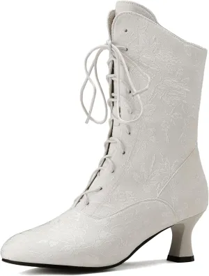 BEAUPAS Women's Victorian Lace-Up Boots Mid Calf Boots Kitten Heel