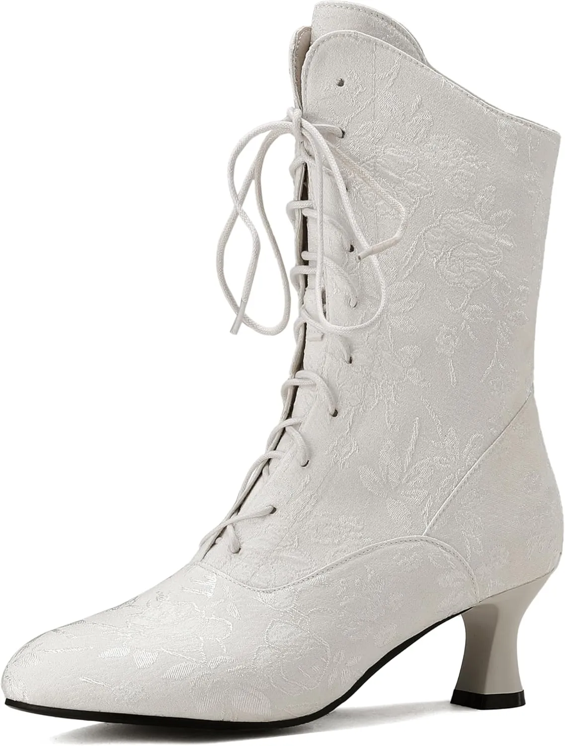 BEAUPAS Women's Victorian Lace-Up Boots Mid Calf Boots Kitten Heel