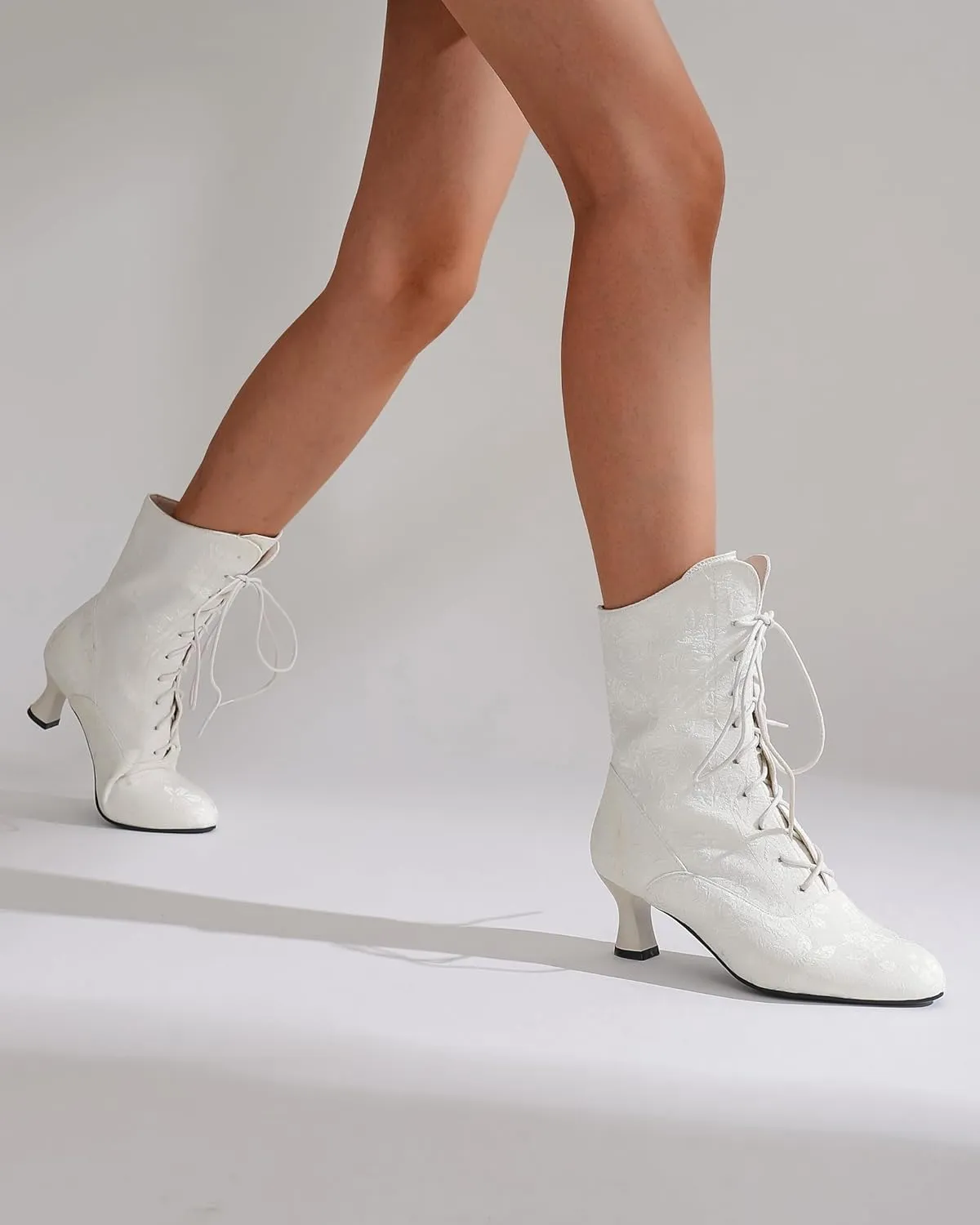 BEAUPAS Women's Victorian Lace-Up Boots Mid Calf Boots Kitten Heel