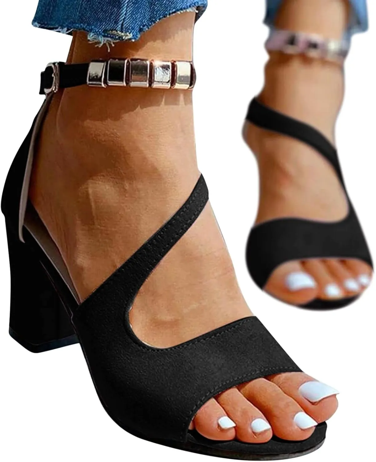 Black Womens Sandals Heel, Women's Buckle Strap Block Heel Sandals Beaded Fish Mouth High Heels Summer Casual Ankle Strap Sandals Bohemian Dressy