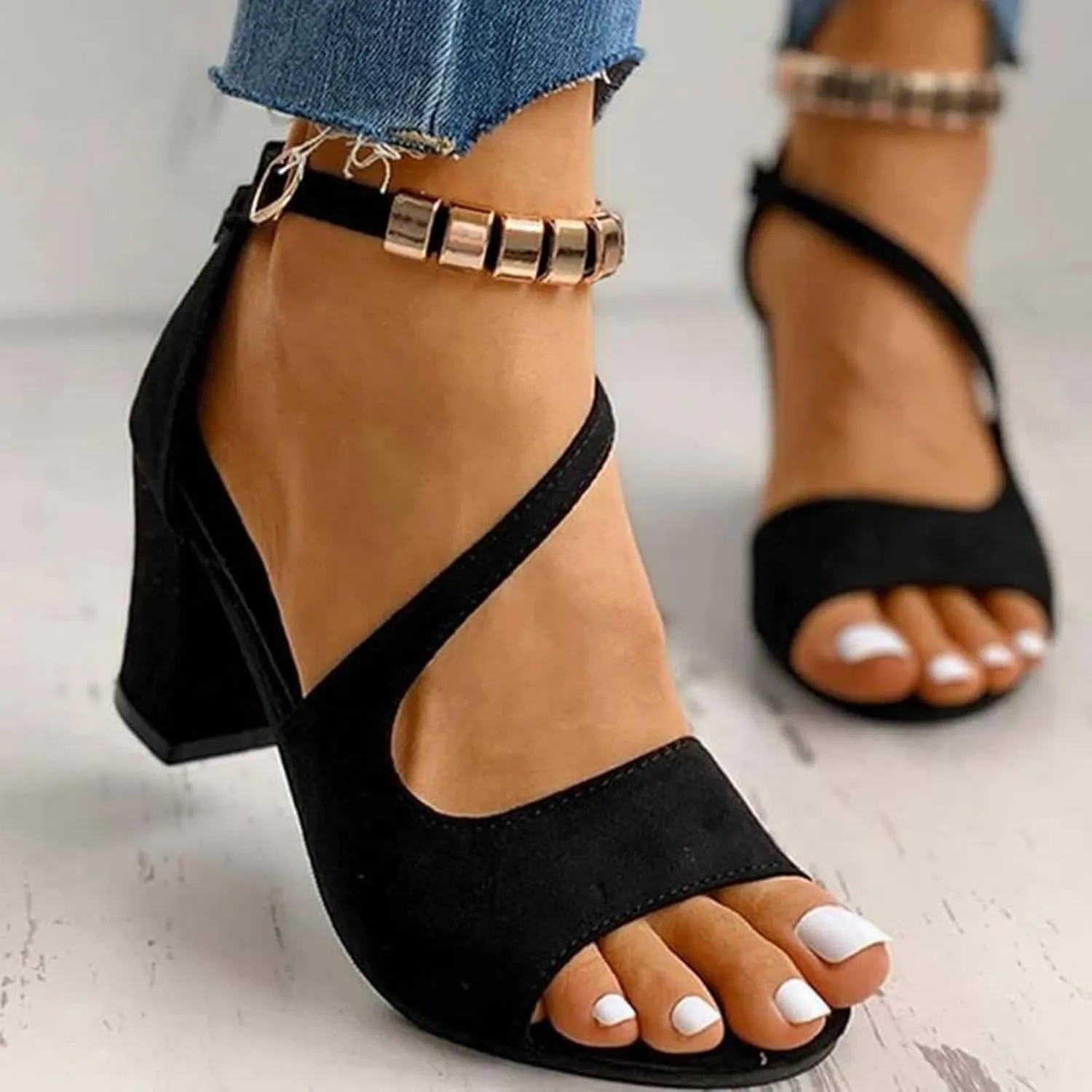 Black Womens Sandals Heel, Women's Buckle Strap Block Heel Sandals Beaded Fish Mouth High Heels Summer Casual Ankle Strap Sandals Bohemian Dressy