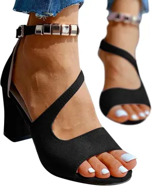 Black Womens Sandals Heel, Women's Buckle Strap Block Heel Sandals Beaded Fish Mouth High Heels Summer Casual Ankle Strap Sandals Bohemian Dressy