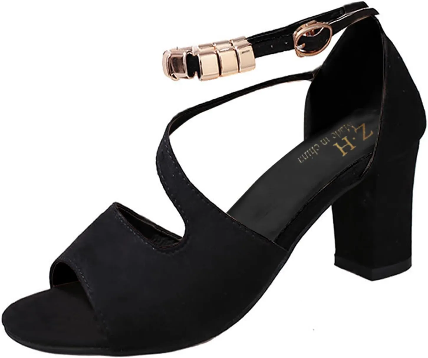 Black Womens Sandals Heel, Women's Buckle Strap Block Heel Sandals Beaded Fish Mouth High Heels Summer Casual Ankle Strap Sandals Bohemian Dressy